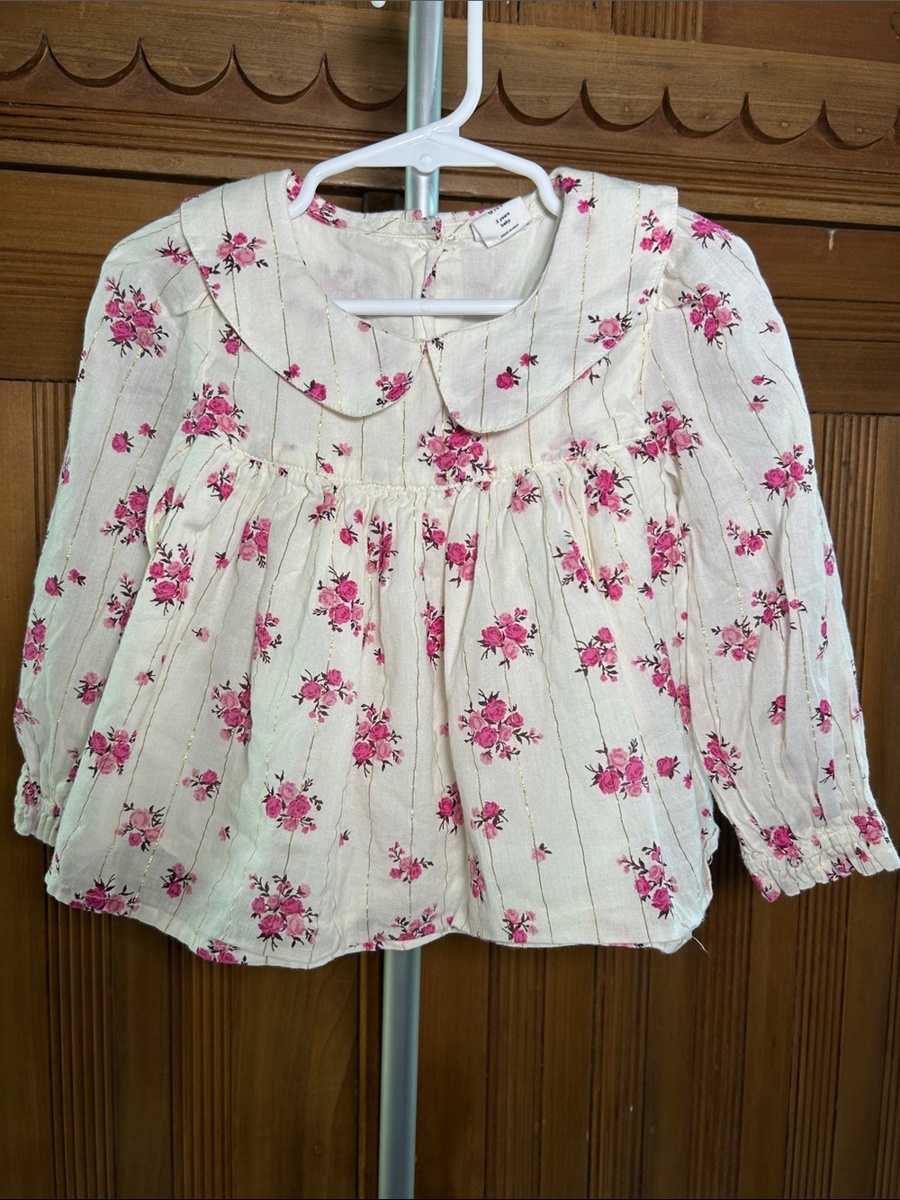 GAP Baby Girl Cream Long-Sleeve Top Pink Floral Print w Vertical Gold Lines 12M